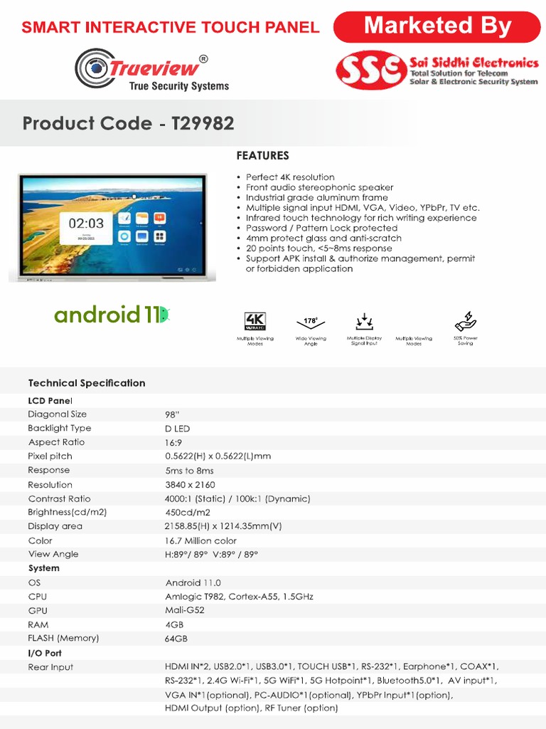 98 INCH IFPD DATASHEET Android 11 PDF | PDF
