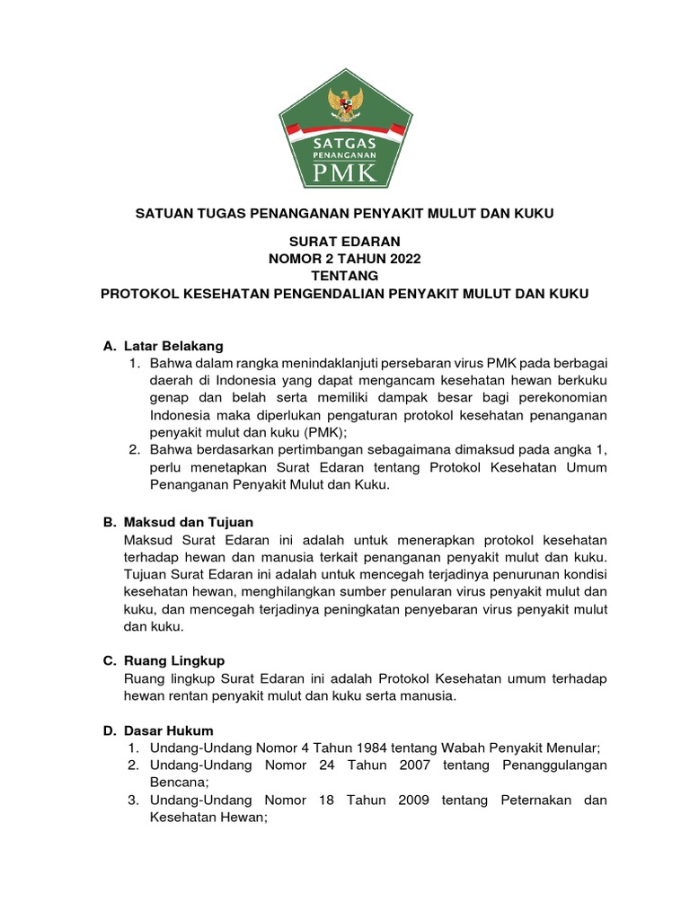 SE Satgas Penanganan PMK No. 2 Tahun 2022 tentang Prokes Pengendalian