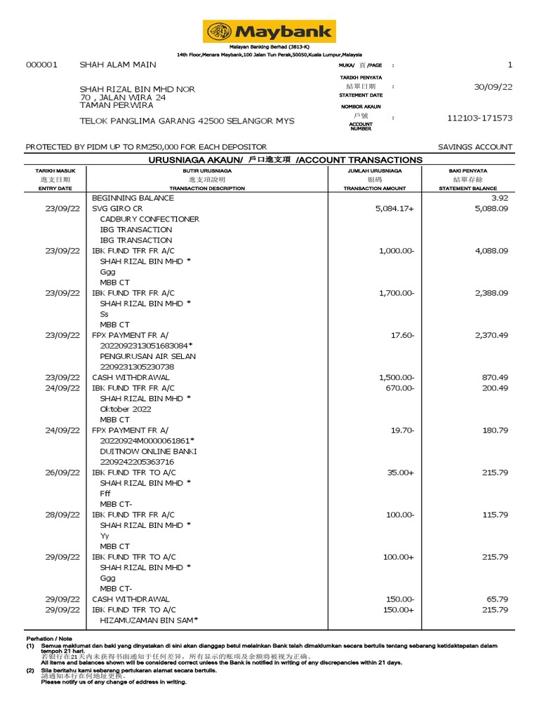 Monthly Bank Statement For Shah Rizal Bin Mhd Nor S Savings Account