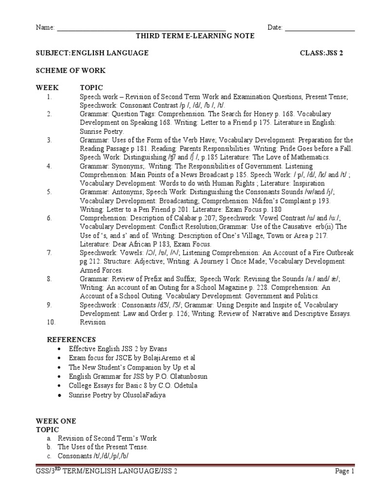 3RD Term J2 English Language | PDF
