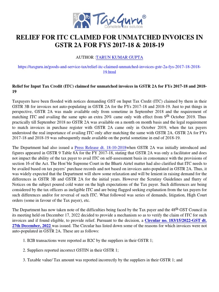 Relief For ITC Claimed For Unmatched Invoices in GSTR 2A For FYs 2017