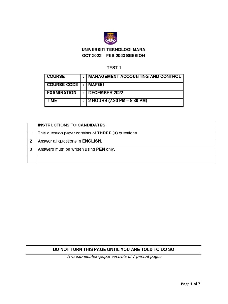 MAF551 Management Accounting Test Dec 2022 | PDF | Computers