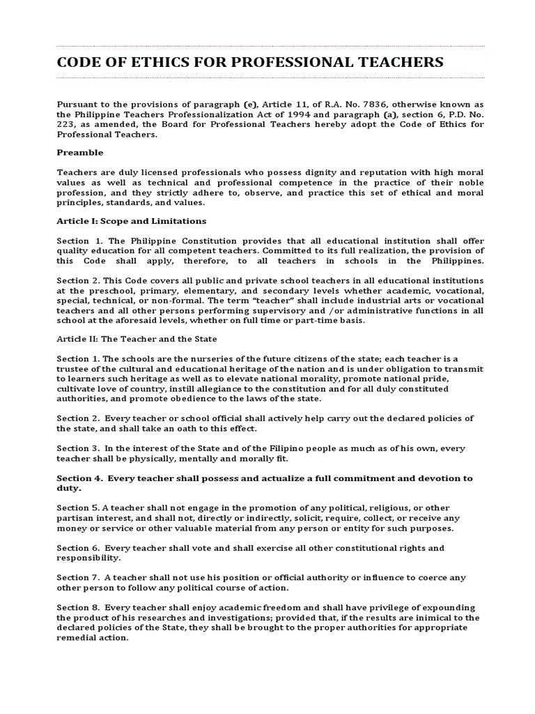Code of ethics for professional teachers pdf teachers social