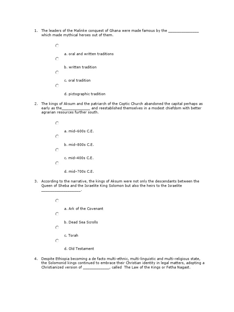 History Questions | PDF | Africa | Ethiopia