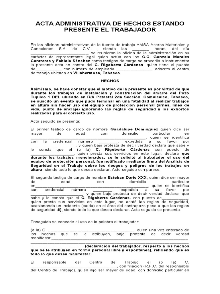 Modelo De Acta Administrativa Ejemplo