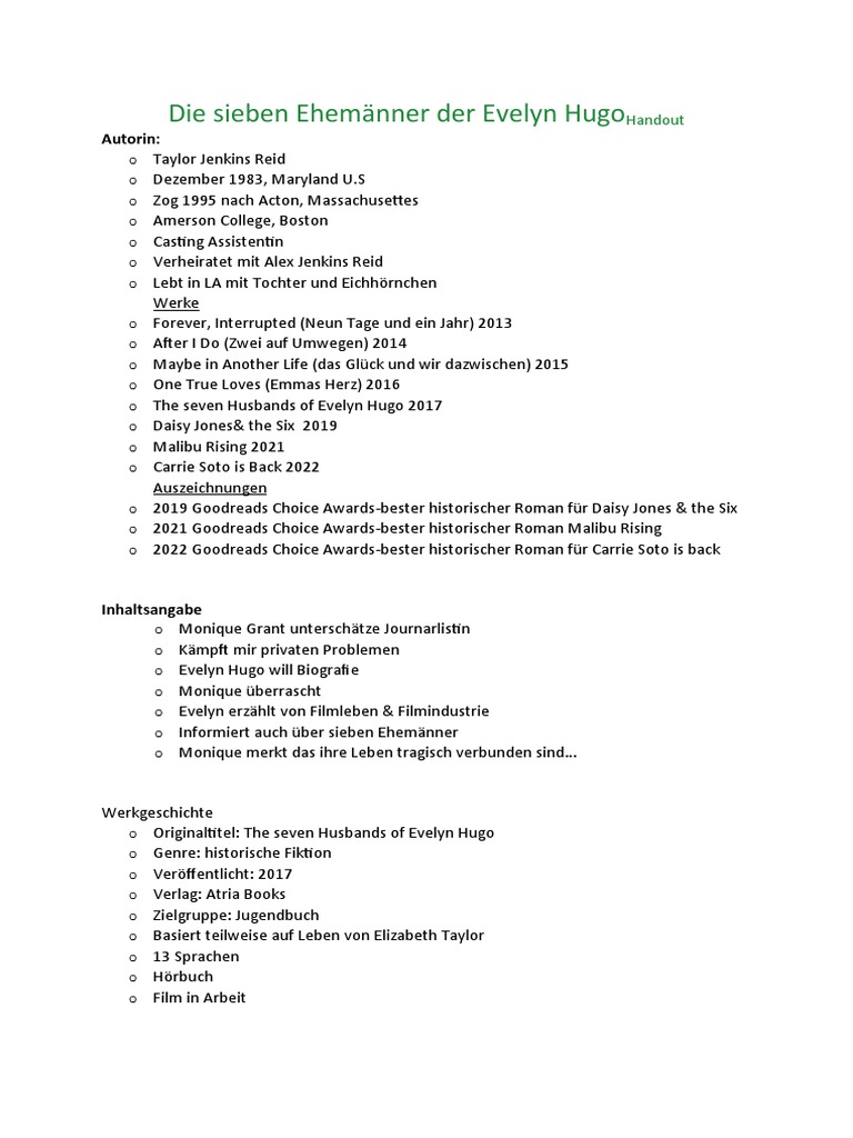 Die Sieben Ehemänner Der Evelyn HugoHandout | PDF