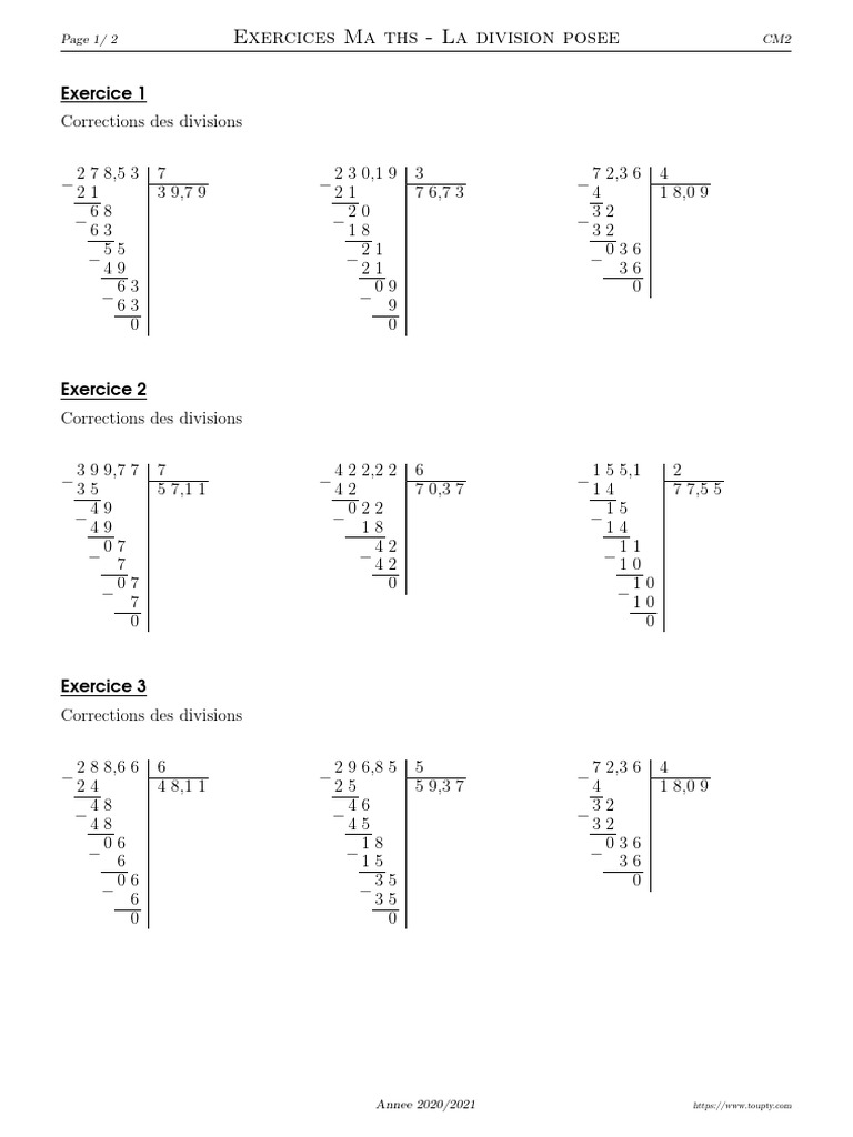Division posee cm2 nombres decimaux par entier 6 correction 2 pdf pdf