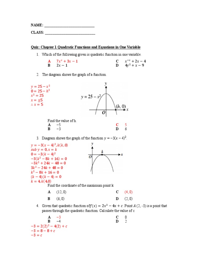 Chapter 1 Quadratic Functions and Equations in One Variable Classwork ...