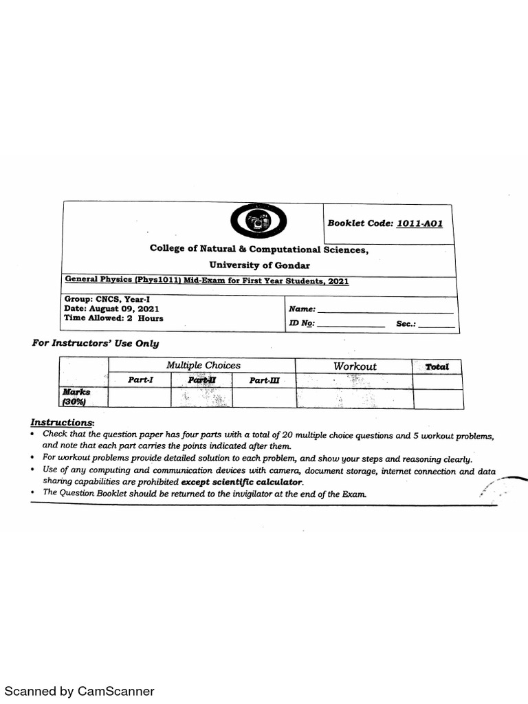 UoG Physics Mid Exam PDF