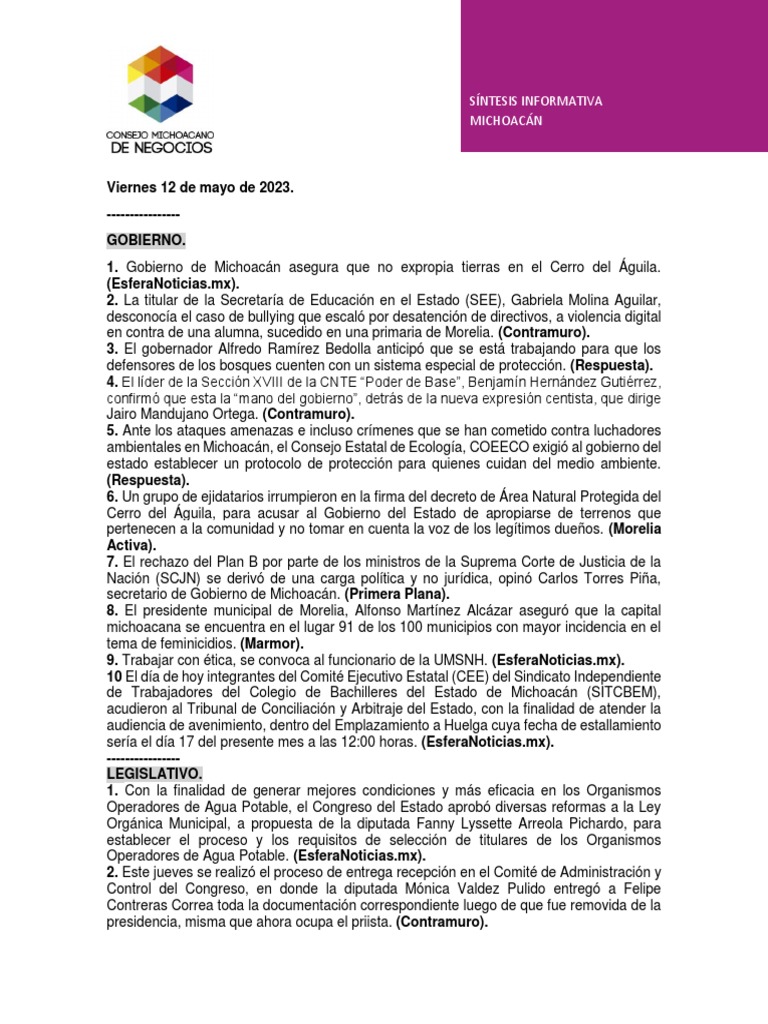 Síntesis Informativa Michoacán-52 | PDF