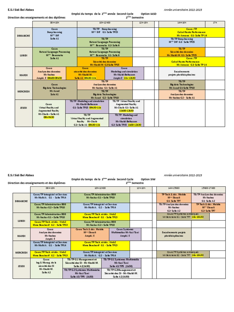 Emploi du temps 2ème année E.S.I 2022-2023 | PDF | Informatique ...