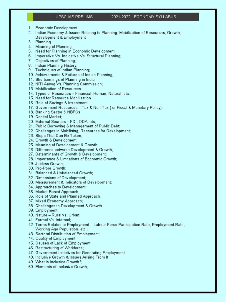 Economy Syllabus For UPSC Formatted | PDF | Economic Growth ...