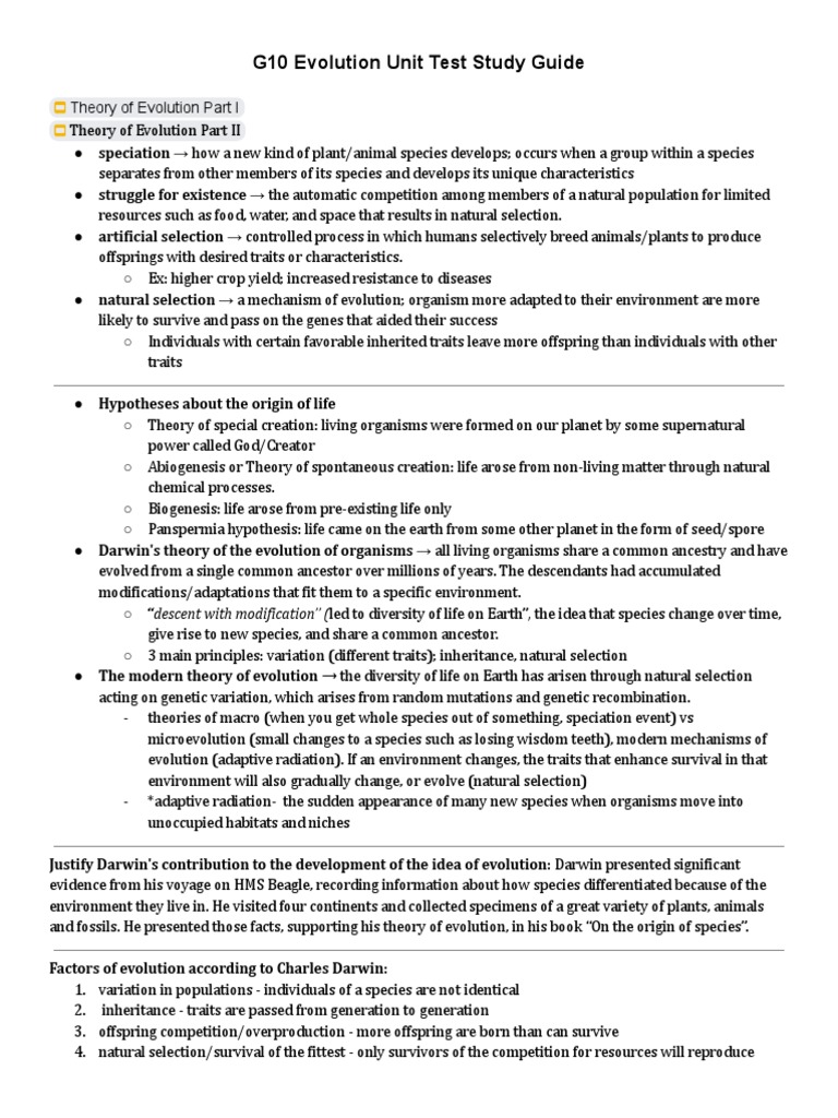 G10 Evolution Unit Test Study Guide PDF | PDF | Evolution | Natural ...
