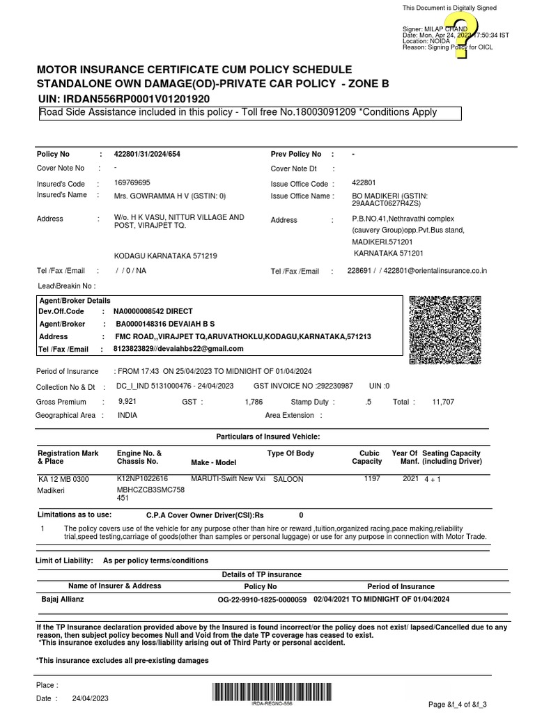 Standalone Own Damage (Od) Private Car Policy Zone B Motor