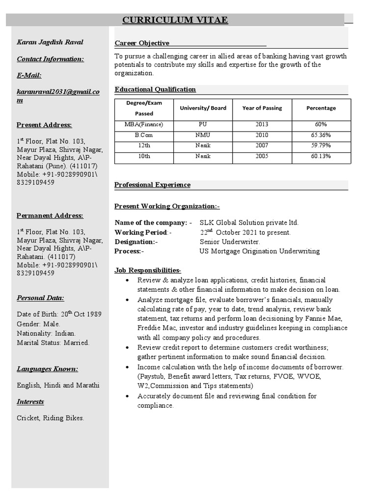 Karan Raval: Mortgage Underwriting CV | PDF | Career & Growth | Business