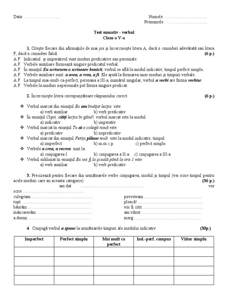 Verbul Test Cls 5 | PDF