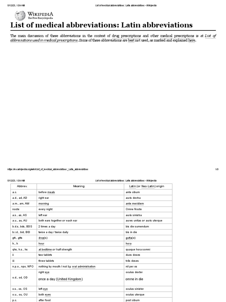 List of Medical Abbreviations Latin Abbreviations Wikipedia PDF