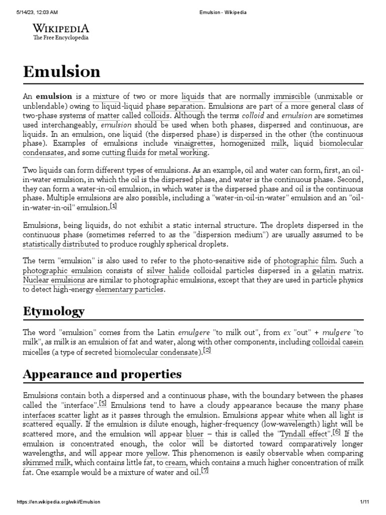 Emulsion Wikipedia Pdf Emulsion Physical Sciences
