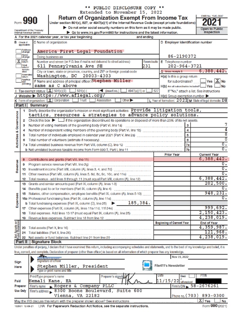 America 1st Legal Foundation IRS990 FY2021 PDF Irs Tax Forms Taxes