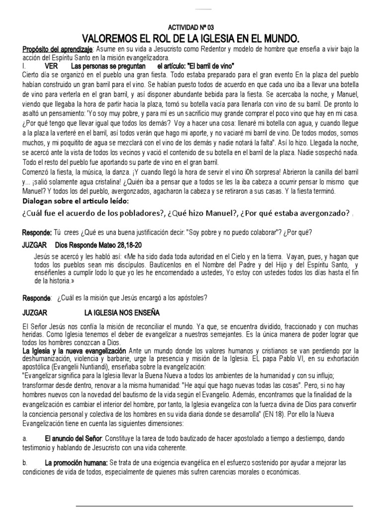 ACTIVIDAD Na 03 Valoremos El Rol de La Iglesia en El Mundo 5to Ano ...