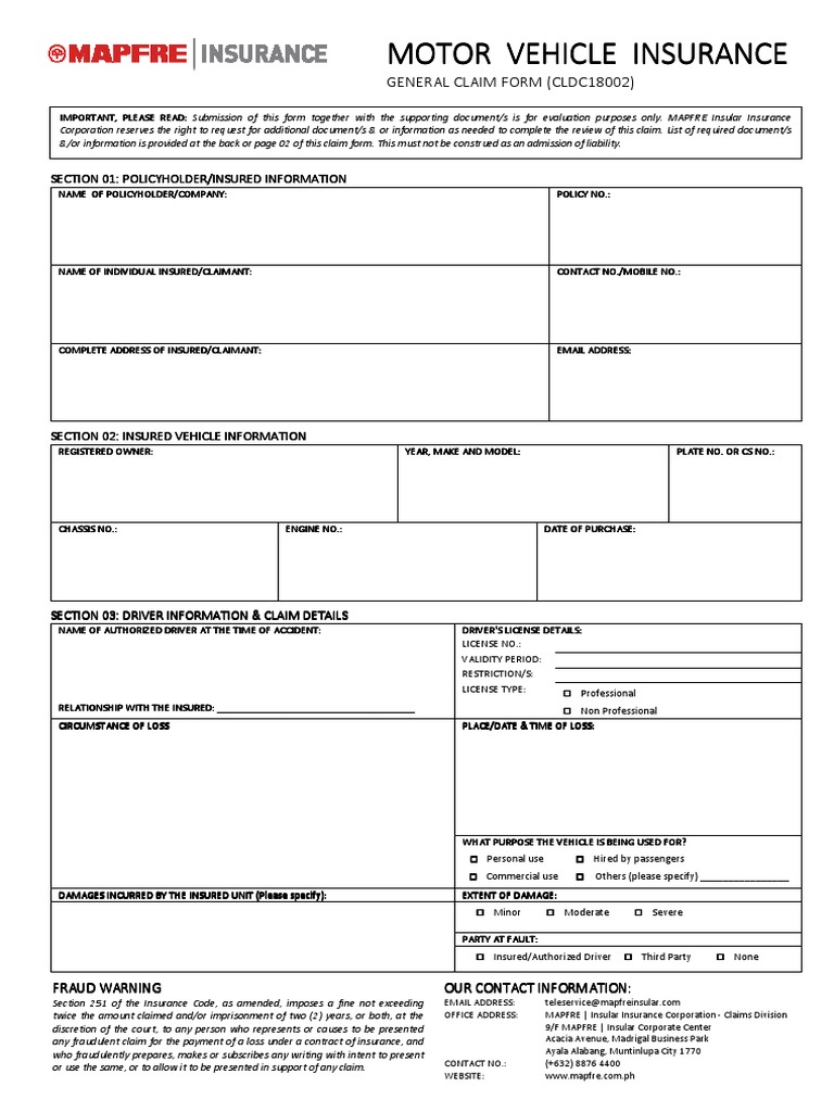 Motor Vehicle Insurance Claim Form | PDF | Business