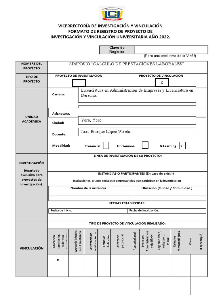 Formato de registro de proyecto de investigacion y vinculacion 2023 pdf