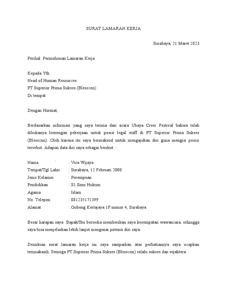 SURAT LAMARAN KERJA - PT Wings Surya | PDF
