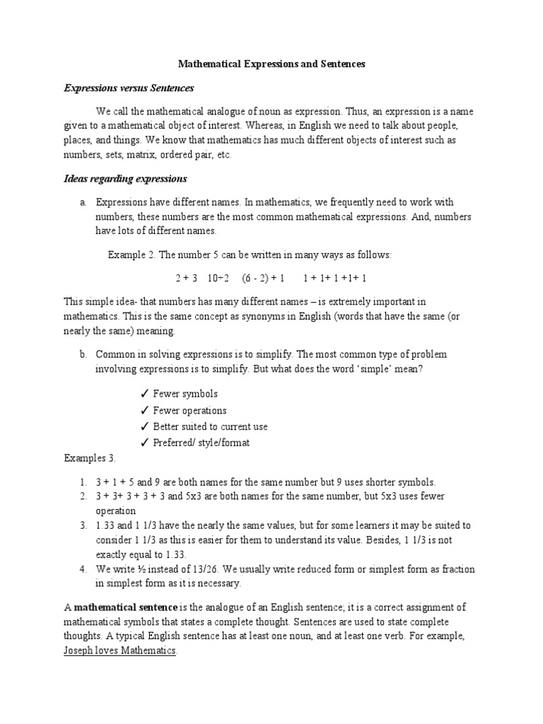 Understanding Mathematical Expressions and Sentences | PDF ...