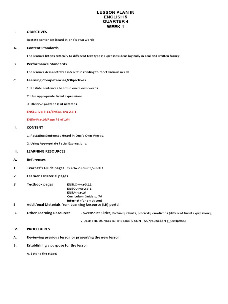 English 5 Q4 Week 1 Lesson Plan | PDF