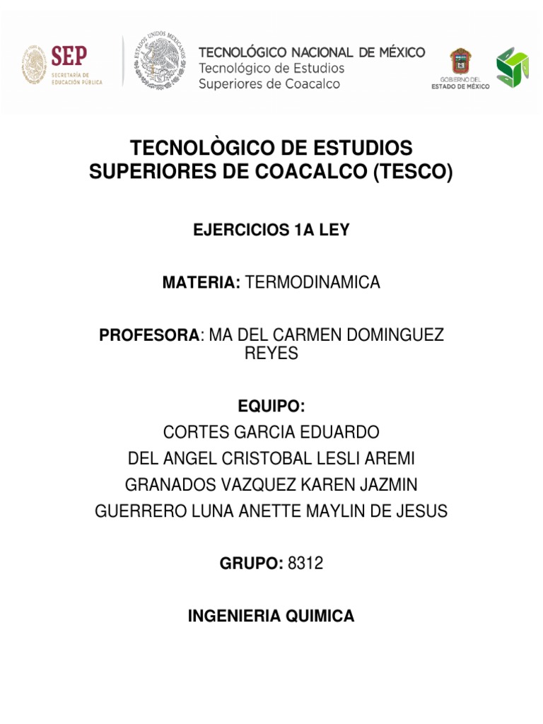 Ejercicios de Termodinámica TESCO 8312 | PDF | Termodinámica | Calor