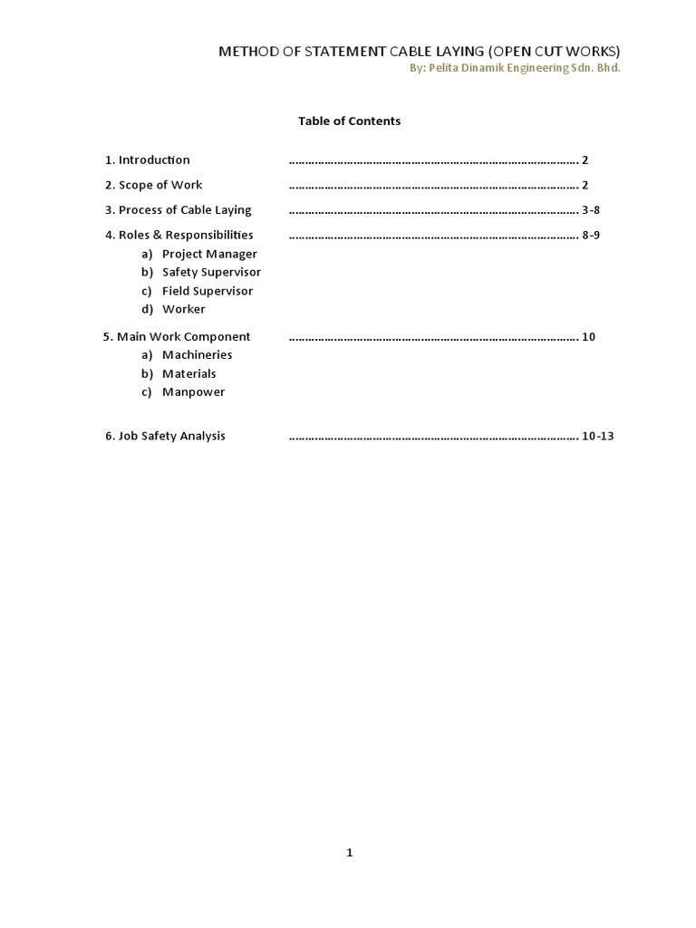 Method of Statement (Open Cut) PDF Safety Occupational Safety And