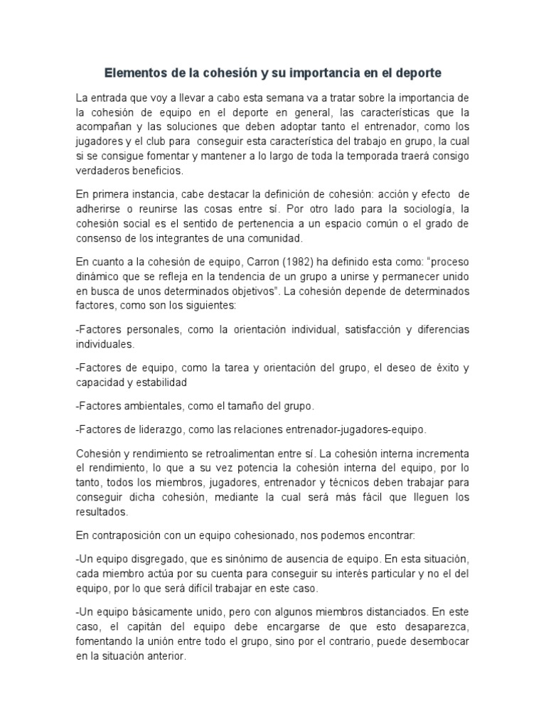 Importancia de la cohesión en el deporte | PDF | Cohesión grupal ...