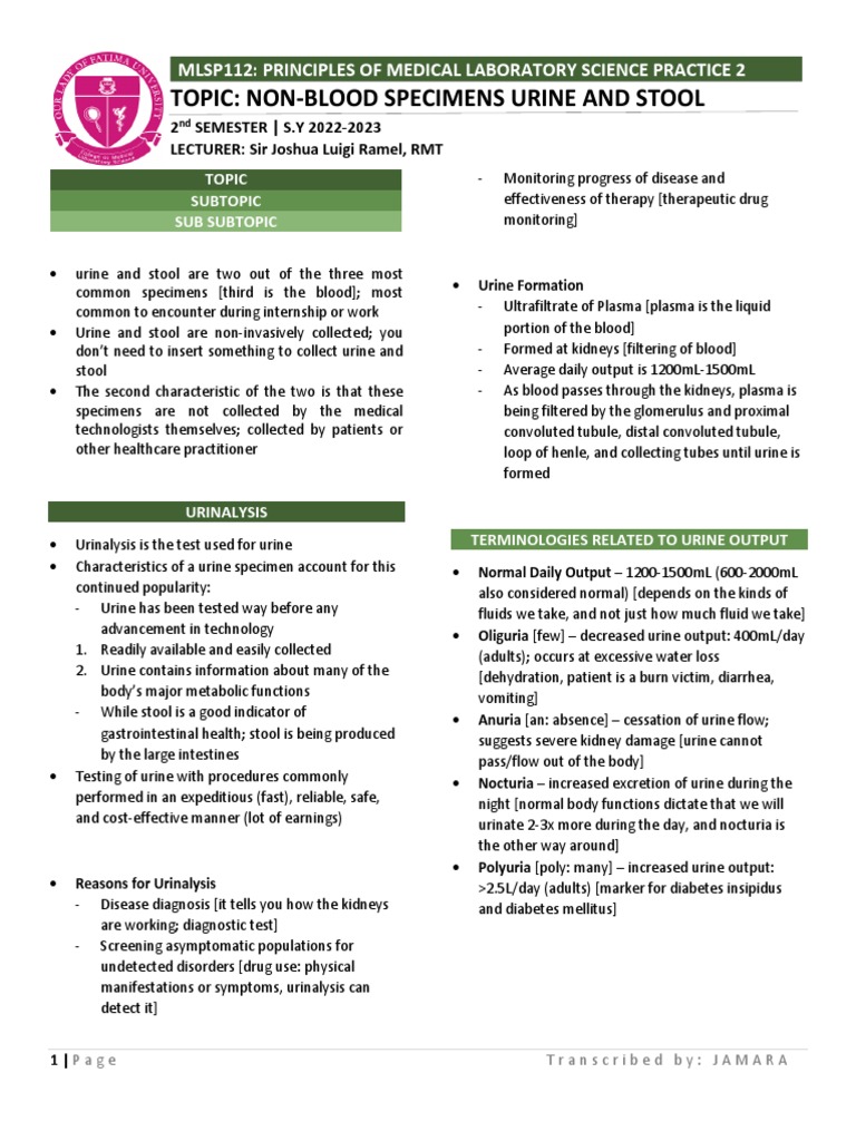 Lesson 1 NonBlood Specimens Urine and Stool PDF