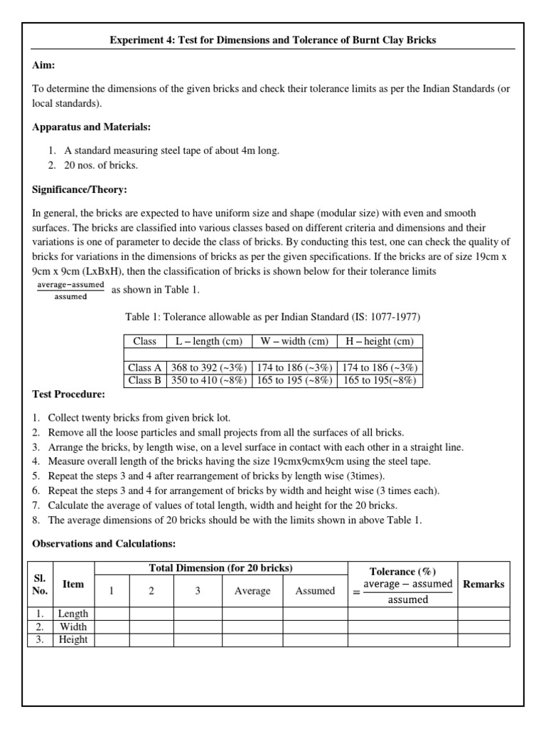 Experiment 4 Test For Dimensions and Tolerance of Burnt Clay Bricks