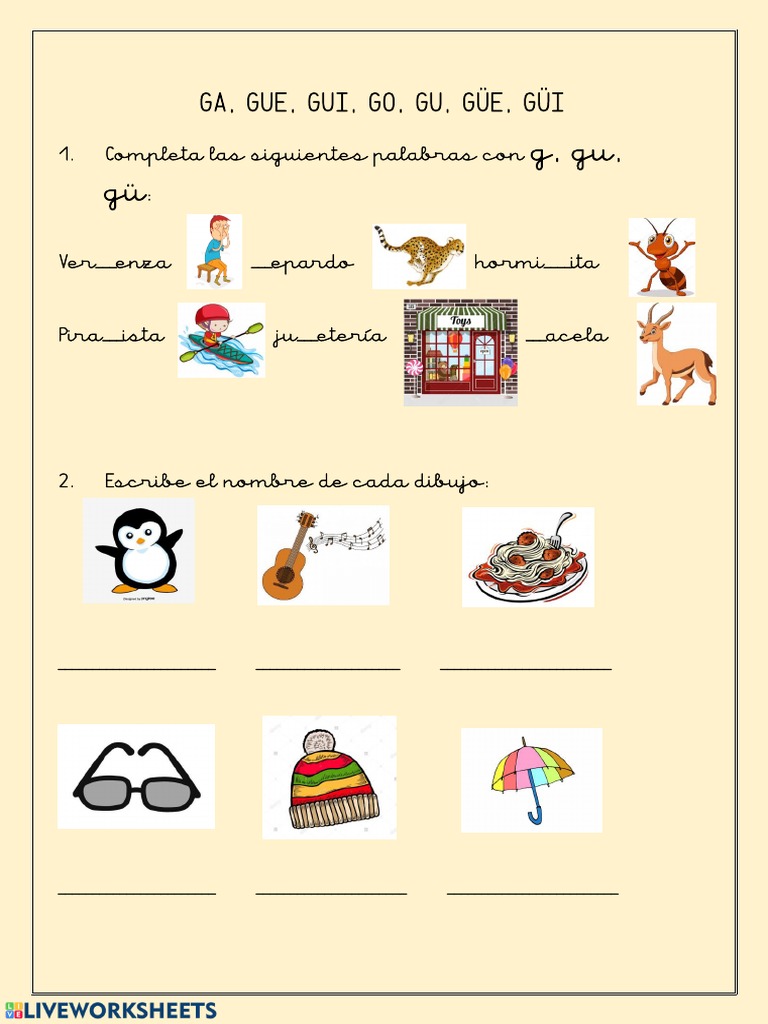 Ejercicios de Ortografía: G, GU, GÜ | PDF | Artes del Lenguaje y ...