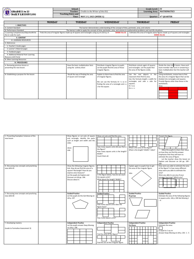 Grade 4 Math Lesson on Area Concepts | PDF | Area | Teachers