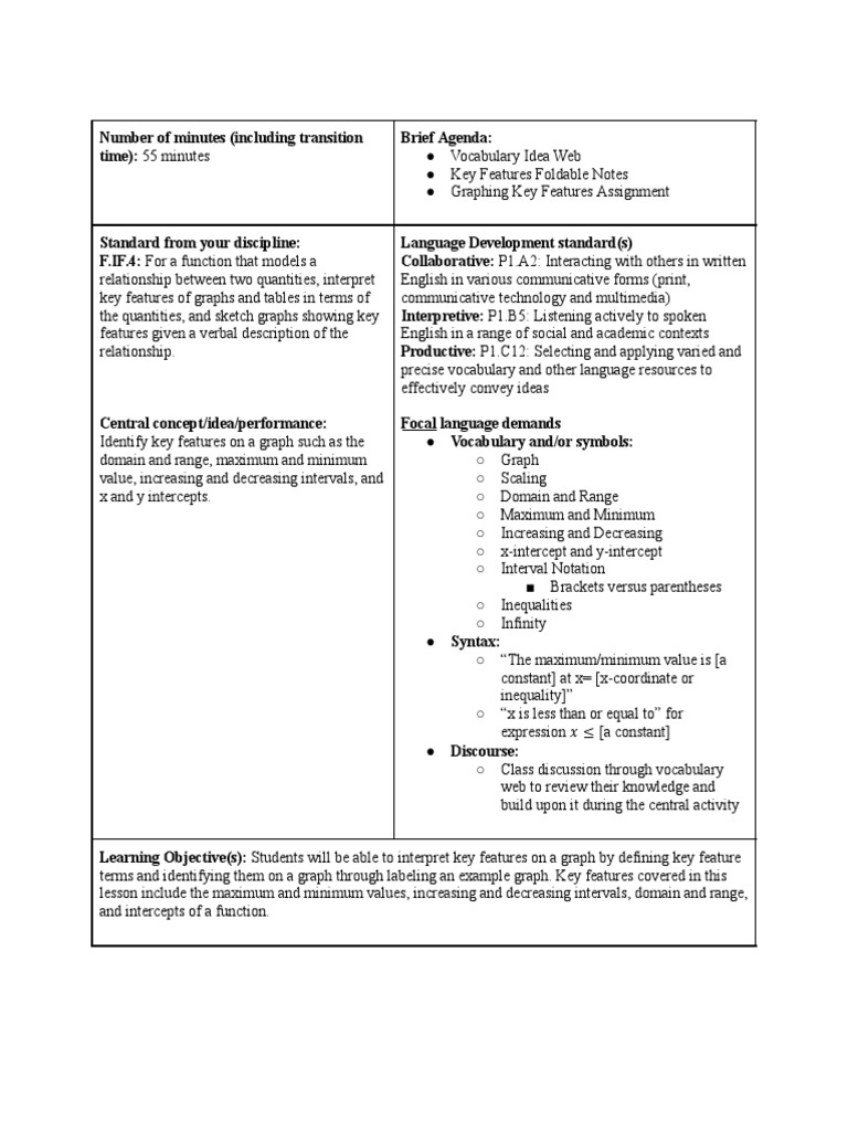 Key Features Lesson Plan PDF Vocabulary Function (Mathematics)