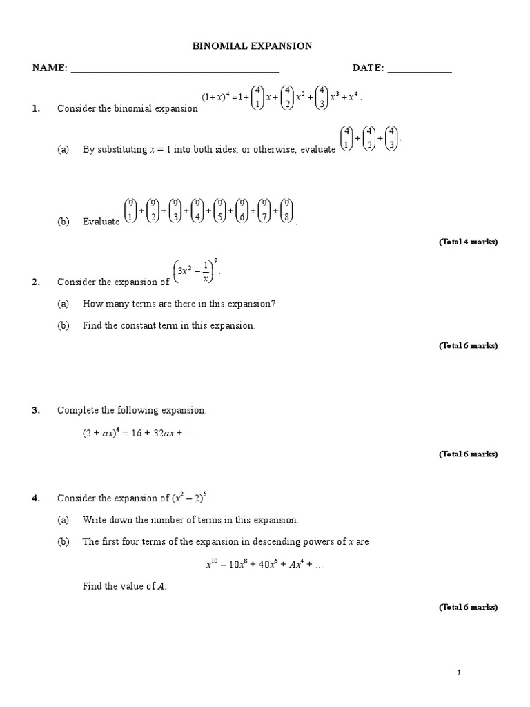 Binomial Expansion Exercises | PDF | Arithmetic | Algorithms