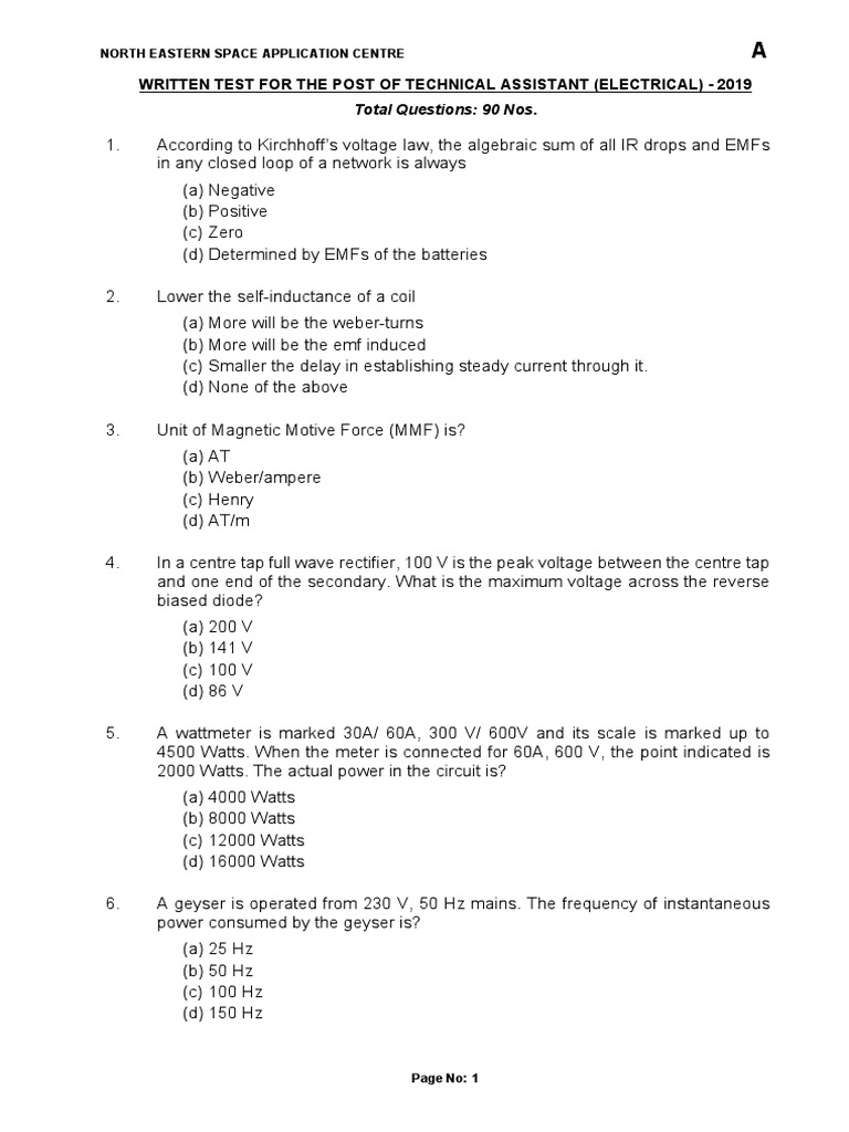 Technical Assistant Electrical Exam 2019 | PDF | Transformer | Diode