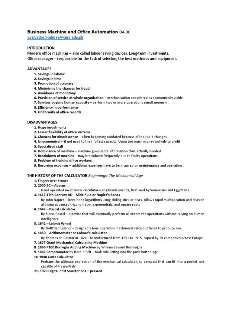 Office Automation Advantages Disadvantages PDF Typewriter Calculator
