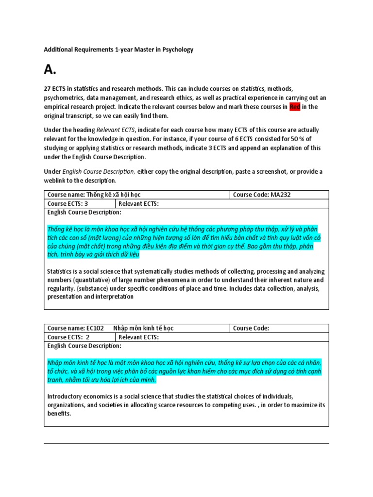 Additional Requirements 1Year Master in Psychology PDF