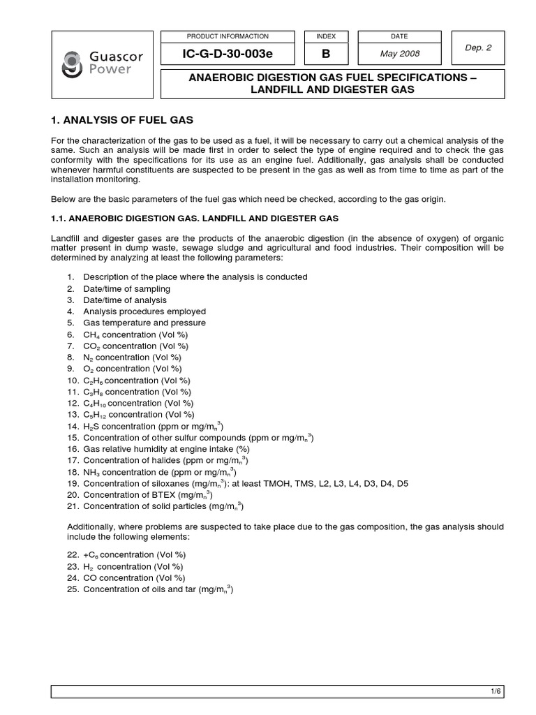 Landfill and Digester Gas Specifications PDF Chlorine Biogas
