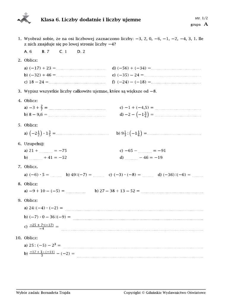 Sprawdzian Z Matematyki Klasa 6 Liczby Dodatnie I Ujemne Liczby Dodatnie I Liczby Ujemne kl.6 PDF | PDF