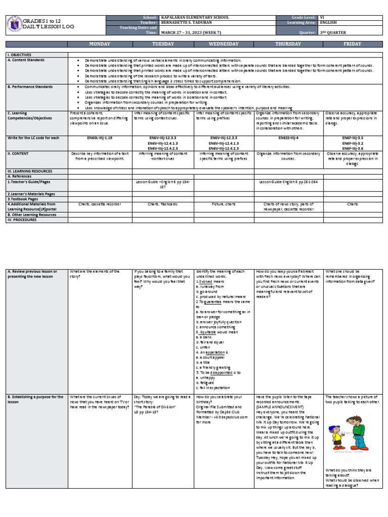 Week 7 English Lesson Plan | PDF | Information | Reading Comprehension
