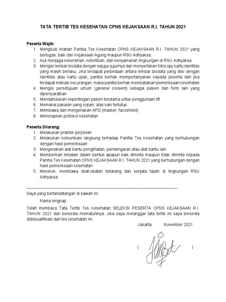 Tata tertib tes kesehatan cpns kejaksaan tahun 2021 pdf print dan