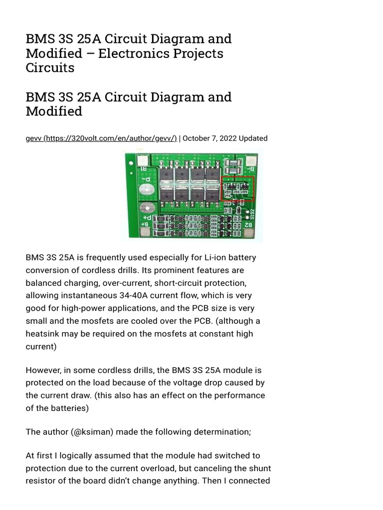 3S 25A BMS Circuit Diagram Explained | PDF | Voltage | Electrical ...