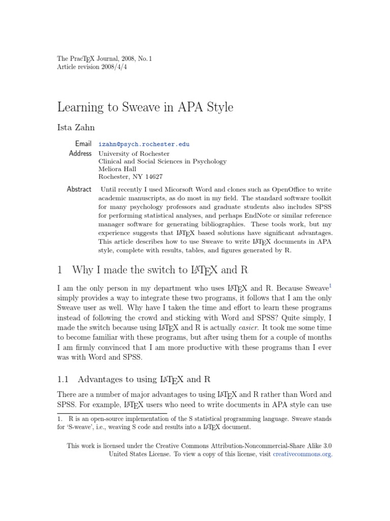 Learning To Sweave in APA Style PDF Microsoft Word Spss
