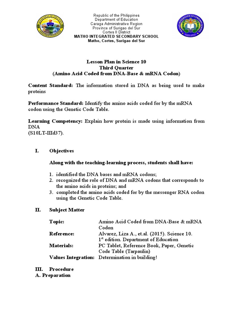 Lesson Plan in DNA and RNa | PDF | Genetic Code | Rna