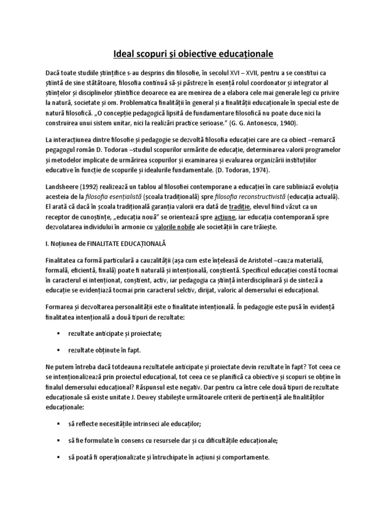 Ideal Scopuri Şi Obiective Educaţionale | PDF