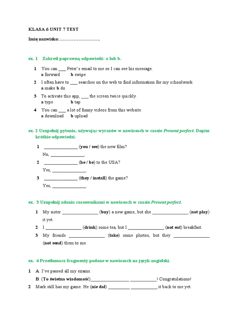 kartkówka angielski klasa 7 unit 6